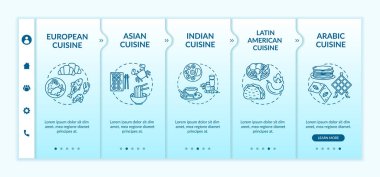 Ulusal mutfak taşıyıcı şablonu. Avrupa, Asya, Hint geleneksel restoranları. Simgeli ilgili mobil web sitesi. Web sayfası basamak ekranları. RGB renk kavramı