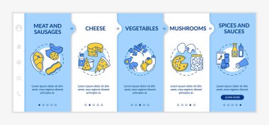 Pizza üreticisi vektör şablonunda. Sağlıklı İtalyan besin maddeleri. Pizzacı menüsü. Simgeli ilgili mobil web sitesi. Web sayfası basamak ekranları. RGB renk kavramı