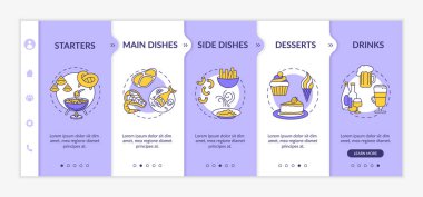 Restoran menüsü vektör şablonunda. Lezzetli yemekler. Geniş menü. Simgeli ilgili mobil web sitesi. Web sayfası basamak ekranları. RGB renk kavramı
