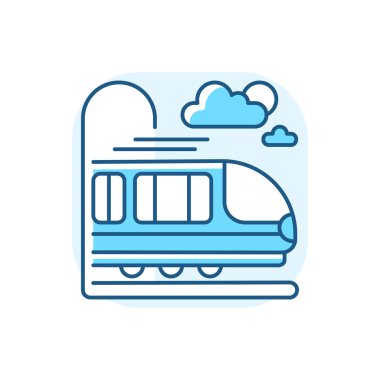 Koç mavi RGB renk ikonu. Modern demiryolu taşımacılığı, hızlı demiryolu aracı. Hızlı banliyö treni, hızlı şehirlerarası yolculuk. İzole vektör illüstrasyonu