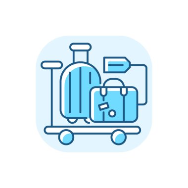 Bagaj vagonu mavi RGB renk simgesi. Demiryolu taşımacılığı, tren servisi. Tatil gezisi, tatil. Yolcu kişisel eşyaları, bavullar izole edilmiş vektör çizimleri