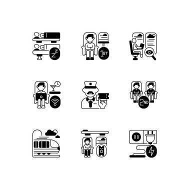 Demiryolu seyahati siyah doğrusal simgeler ayarlandı. Uygun fiyatlı ve birinci sınıf tren hizmetleri sembolleri. Demiryolu taşımacılığı, şehir içi ve şehirlerarası ulaşım. Vektör izole edilmiş taslak çizimleri