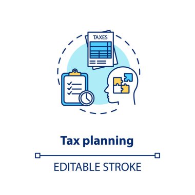 Vergi planlama konsepti ikonu. Ödemeler planlanıyor. Finansal okuryazarlık. Akıllı para harcaması. Ekonomik eğitim fikri ince çizgi çizimi. Vektör izole edilmiş RGB renk çizimi. Düzenlenebilir vuruş