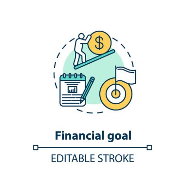 Finansal hedef kavramı ikonu. Bütçe planı. Zengin bir gelecek. Finansal eğitim. Para hedefin ince çizgisini çiziyor. Vektör izole edilmiş RGB renk çizimi. Düzenlenebilir vuruş