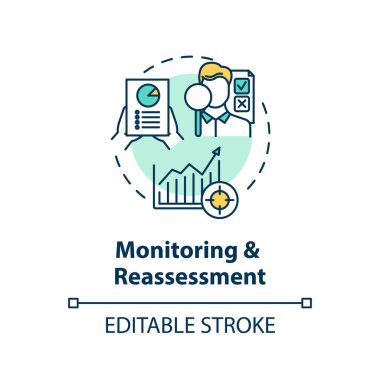 İzleme ve değerlendirme konsepti simgesi. Finansal planlama. Ekonomik okuryazarlık. Yatırımlar ince çizgiler çiziyor. Vektör izole edilmiş RGB renk çizimi. Düzenlenebilir vuruş