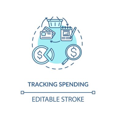 Harcama konsepti ikonu takip ediliyor. Inteligent para yönetimi. Bütçe tasarrufu tüyosu. Finans okuma yazma fikri ince çizgi çizimi. Vektör izole edilmiş RGB renk çizimi. Düzenlenebilir vuruş