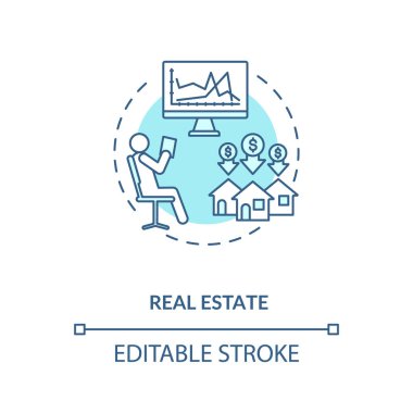 Emlak konsepti ikonu. Bütçeyi artırma planı. Para geliri planı. Evler ince çizgili resimlerle yatırım yapıyor. Vektör izole edilmiş RGB renk çizimi. Düzenlenebilir vuruş