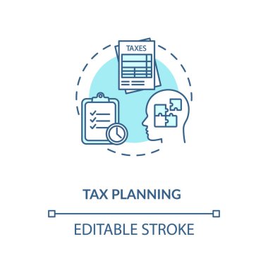 Vergi planlama konsepti ikonu. Ödemeler planlanıyor. Ekonomik okur yazarlık. Para harcamak. Finansal eğitim fikri ince çizgi çizimi. Vektör izole edilmiş RGB renk çizimi. Düzenlenebilir vuruş