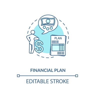 Finansal plan konsepti ikonu. Para kazanma hedefi. Zengin bir gelecek. Finansal tavsiyeler. Ekonomik ipuçları ince çizgi çizimi. Vektör izole edilmiş RGB renk çizimi. Düzenlenebilir vuruş