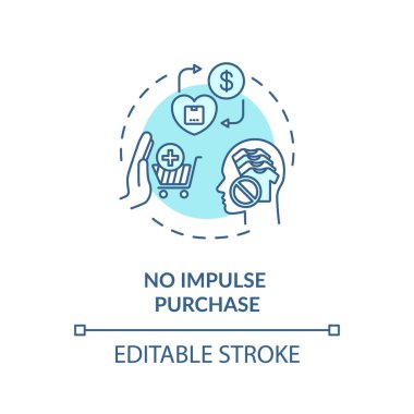 Ani satın alma konsepti yok. Akıllı para harcama tavsiyeleri. Bütçe hayat kurtarma fikirleri. Mali okur yazarlık fikri ince çizgi çizimi. Vektör izole edilmiş RGB renk çizimi. Düzenlenebilir vuruş