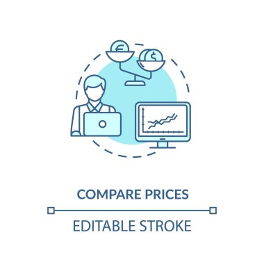 Fiyat konsepti simgesini karşılaştır. Para konusunda yardım ediyorum. Varlıklı yaşam bilgelik kazandı. Finansal tavsiye. Bütçe tasarrufu fikri ince çizgi çizimi. Vektör izole edilmiş RGB renk çizimi. Düzenlenebilir vuruş