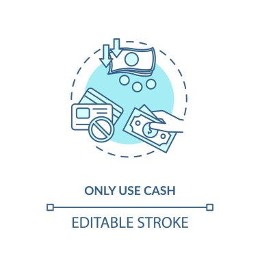 Sadece nakit konsepti simgesi kullan. Kredi kartı yok. Para tasarruf fikirleri. Finansal hayat stratejisi. Zengin emeklilik fikri ince çizgi çizimi. Vektör izole edilmiş RGB renk çizimi. Düzenlenebilir vuruş