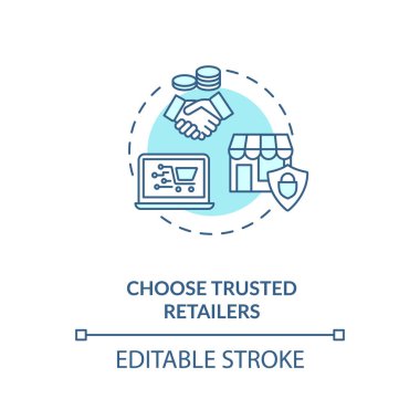 Güvenilir perakendecilerin konsept simgesini seçin. Güvenli ürünler satın alma yerleri. Zengin yaşam tarzı tavsiyeleri. Nakit harcama fikri ince çizgili. Vektör izole edilmiş RGB renk çizimi. Düzenlenebilir vuruş