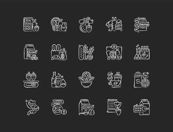 Healthy Eating Chalk White Icons Set Black Background Protein Supplement — Stock Vector