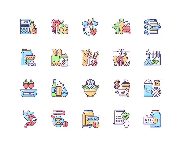 Sağlıklı yeme RGB renk simgeleri seti. Protein takviyesi. Mineral haplı vitamin. Yemek grubu. Beslenme malzemeleri. Fitness için kalori kontrolü. Antioksidan ve iyi yağlar. İzole vektör çizimleri