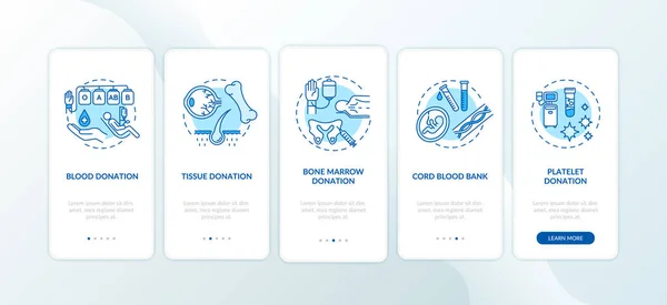 臓器提供のオンボーディングモバイルアプリページ画面のコンセプトです 慈善病院 移植クリニックでは 5つの手順をグラフィカルに説明します Rgbカラーイラスト付きUiベクトルテンプレート — ストックベクタ