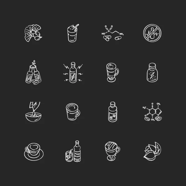 Energy Drinks Caffeine Chalk White Icons Set Black Background Ginkgo — Stock Vector