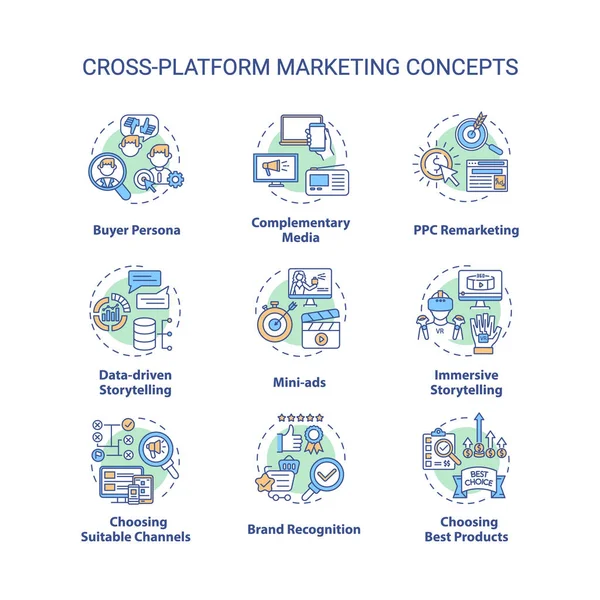 Platformlar arası pazarlama konsepti ayarlandı. Marka binası. Reklam fikri ince çizgi RGB renk çizimleri. Hikaye anlatma içeriği pazarlama. Vektör izole çizimler. Düzenlenebilir vuruş