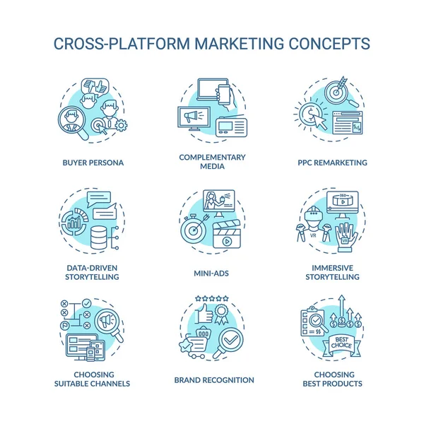 Platformlar arası pazarlama konsepti ayarlandı. Marka farkındalığı. Reklam fikri ince çizgi RGB renk çizimleri. Hikaye anlatımı çevrimiçi içerikte. Vektör izole çizimler. Düzenlenebilir vuruş