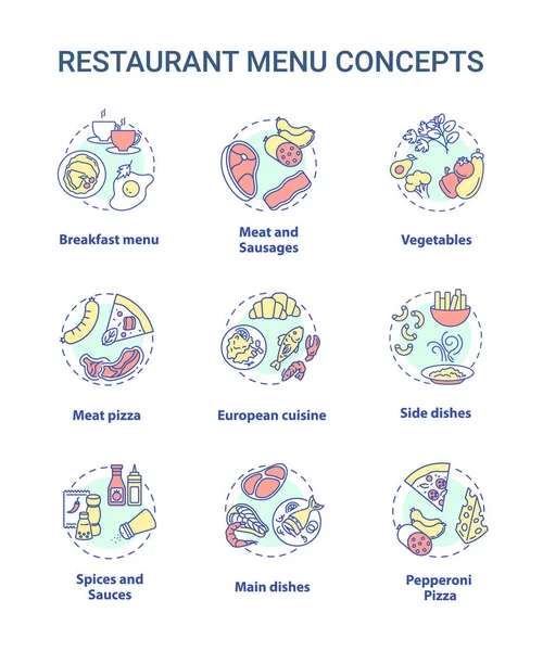 Restaurant Menü Konzept Symbole Gesetzt Große Auswahl Verschiedenen Lebensmitteln Zur — Stockvektor