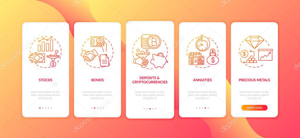 Investment types onboarding mobile app page screen with concepts. Money saving opportunities walkthrough five steps graphic instructions. UI vector template with RGB color illustrations
