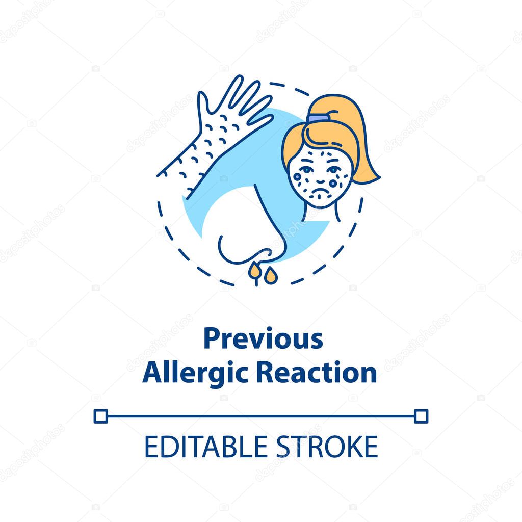 Previous allergic reactions concept icon. Vaccination contraindications idea thin line illustration. Common seasonal allergy symptoms. Vector isolated outline RGB color drawing. Editable stroke