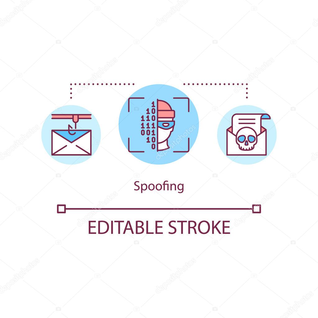Spoofing attacks concept icon. Falsification of transmitted data idea thin line illustration. Disguising a communication. Vector isolated outline RGB color drawing. Editable stroke
