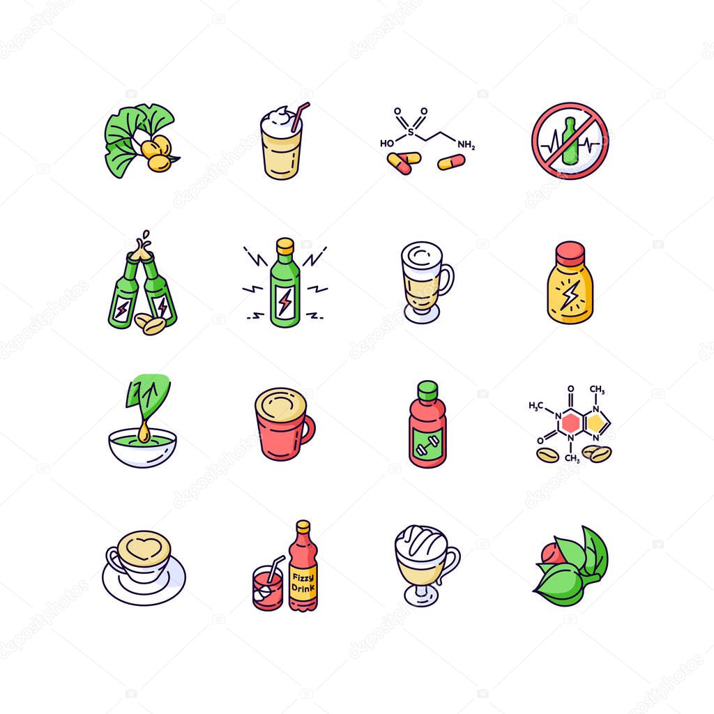 Energy drinks and caffeine RGB color icons set. Gingko biloba. Scientific formula of compound. Coffee mug. Guarana for organic stimulant. Taurine structure. Isolated vector illustrations