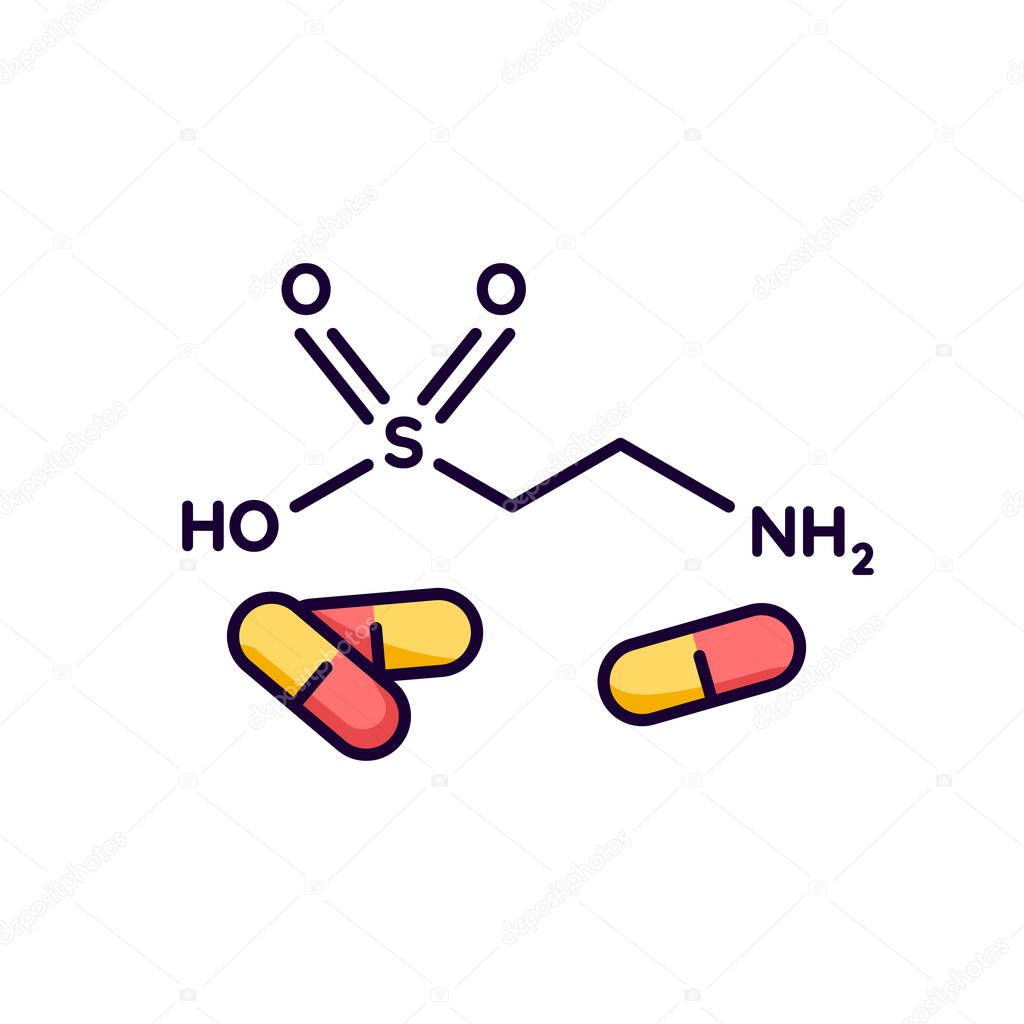 Taurine RGB color icon. Scientific formula for organic compound. Energy drink supplement. Pharmaceutical additive. Atomic bond of organic drug product. Isolated vector illustration