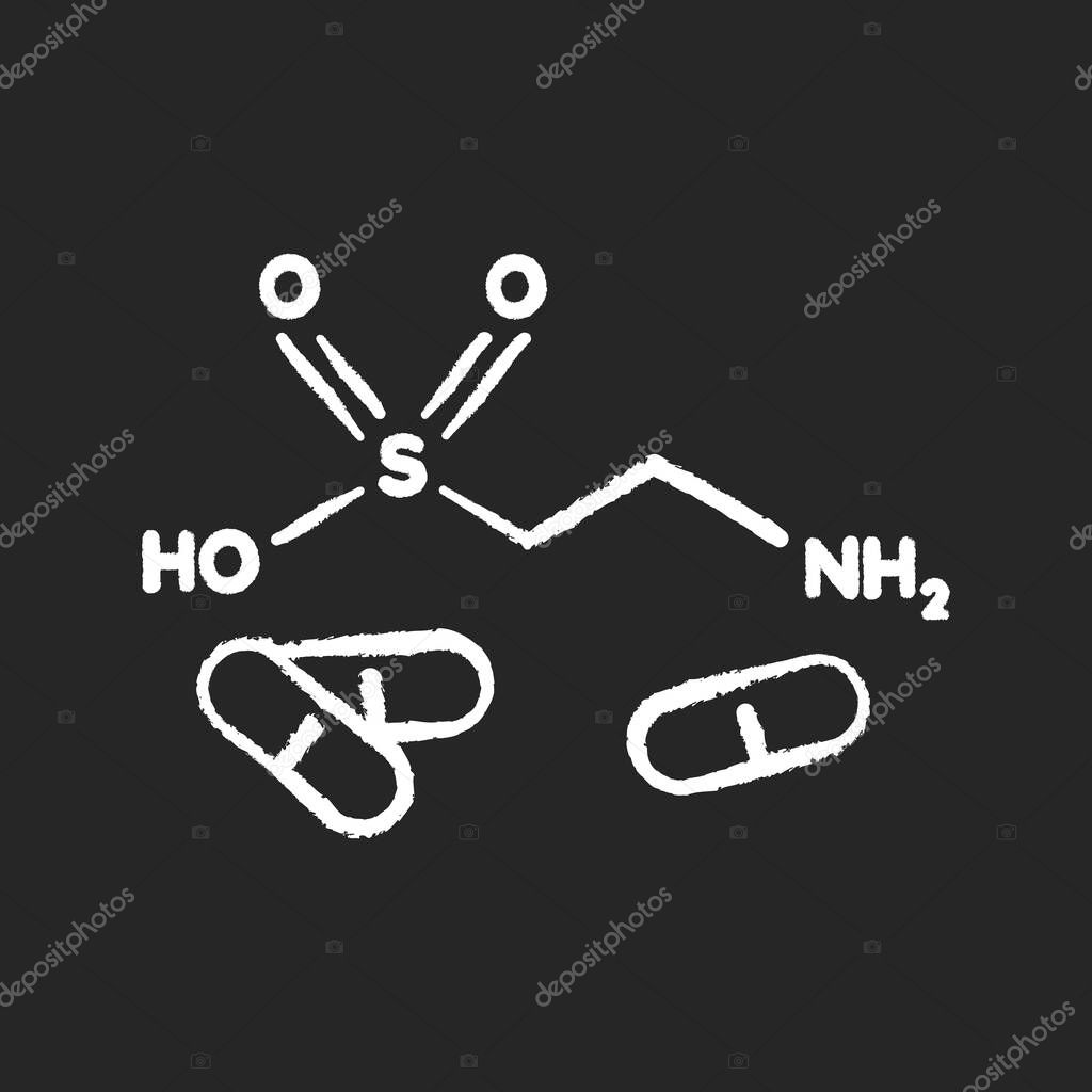 Taurine chalk white icon on black background. Scientific formula for organic compound. Energy drink supplement. Pharmaceutical additive. Atomic bond. Isolated vector chalkboard illustration