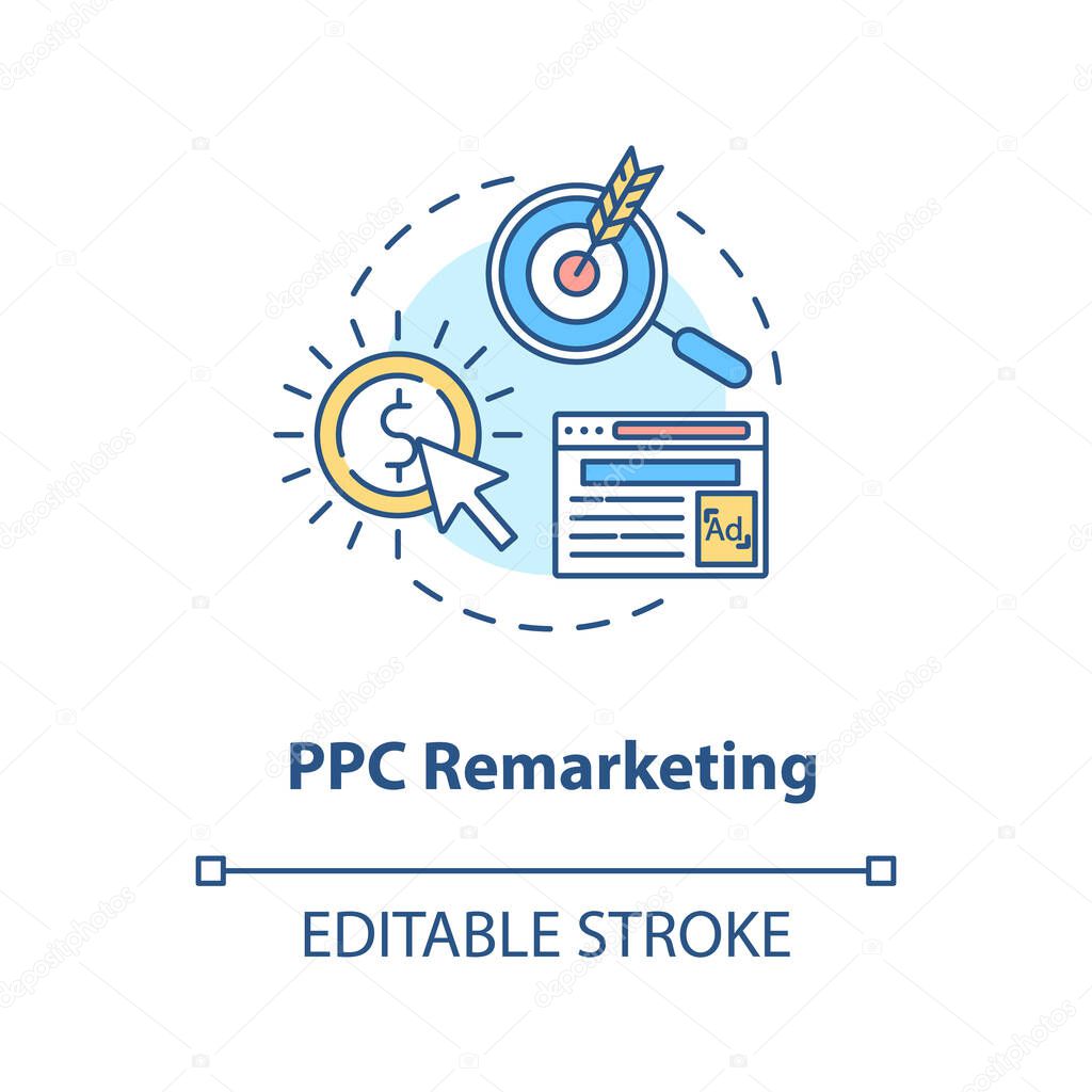 PPC Remarketing concept icon. Banner advertising. Search ads campaign idea thin line illustration. Vector isolated outline RGB color drawing. Digital marketing conversation tactic. Editable stroke