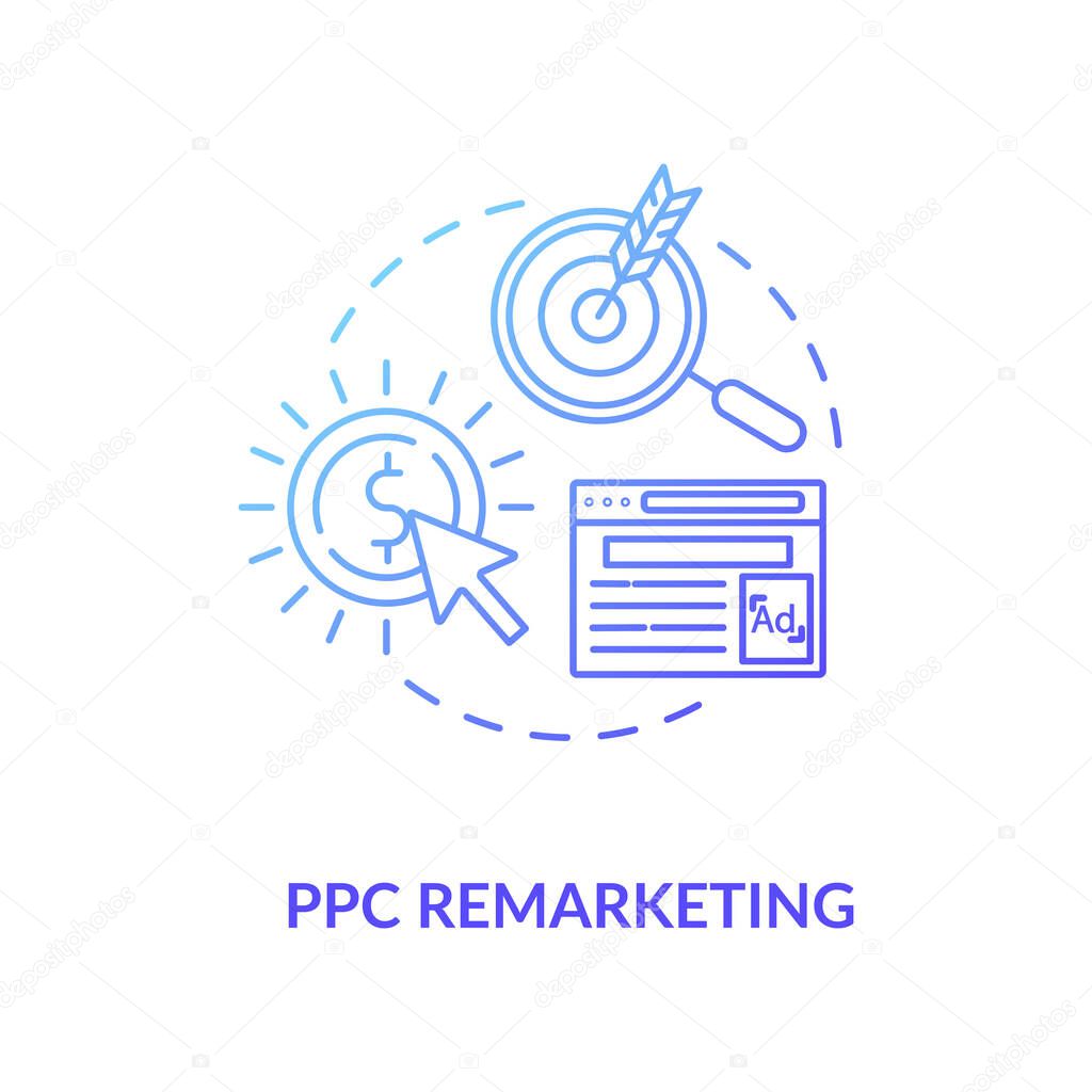 PPC Remarketing concept icon. Banner ads. Search ads campaign idea thin line illustration. Dynamic retargeting. Digital marketing conversation tactic. Vector isolated outline RGB color drawing