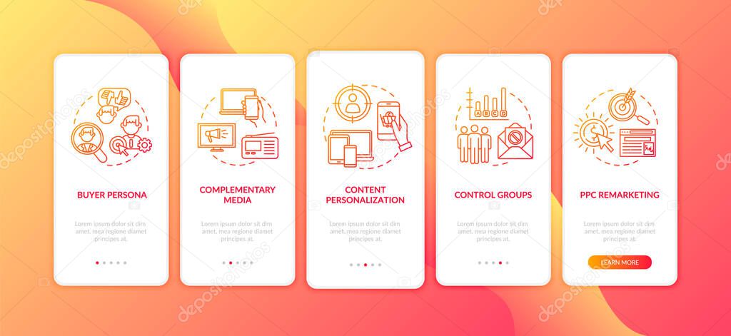 Social media marketing onboarding mobile app page screen with concepts. PPC remarketing, complementary media walkthrough 5 steps graphic instructions. UI vector template with RGB color illustrations