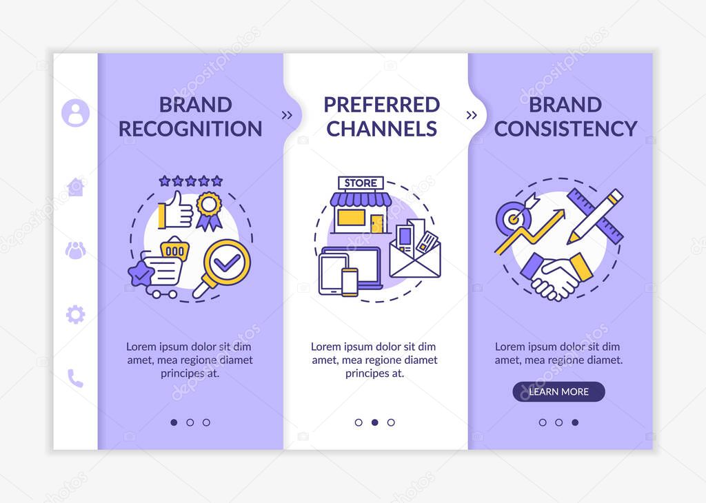 Brand marketing onboarding vector template. Brand recognition, consistency. Responsive mobile website with icons. Preferred channels. Webpage walkthrough step screens. RGB color concep