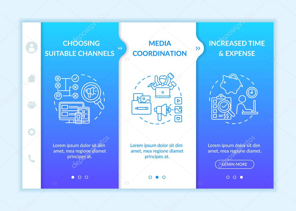 Digital marketing channels onboarding vector template. Media coordination. Time and expense increase. Responsive mobile website with icons. Webpage walkthrough step screens. RGB color concep