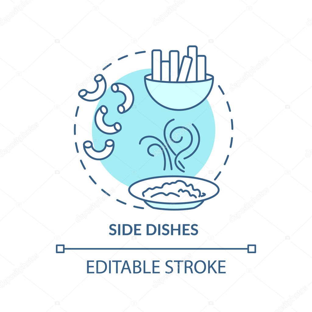 Side dishes concept icon. Main course meals addon types. Delicious cooking. Restaurant offers idea thin line illustration. Vector isolated outline RGB color drawing. Editable stroke