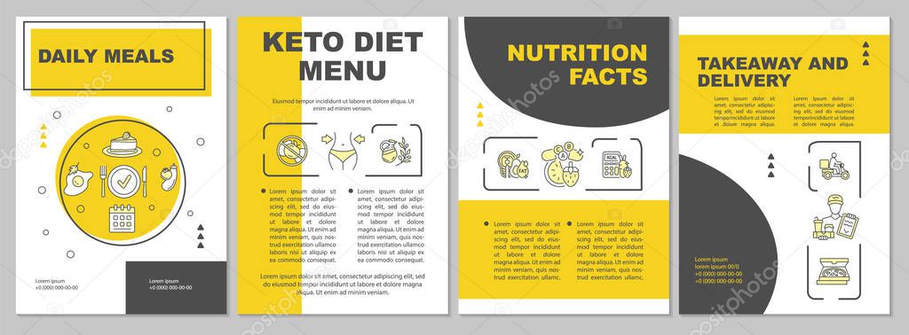 Nutrition facts brochure template. Daily meals, keto diet menu. Flyer, booklet, leaflet print, cover design with linear icons. Vector layouts for magazines, annual reports, advertising posters