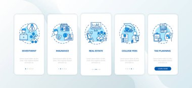 Mobil uygulama sayfasında kavramlarla birlikte finansal okur yazarlık uygulaması. Yatırım tavsiyesi 5 aşamalı grafik talimatlar. RGB renk resimleriyle UI vektör şablonu