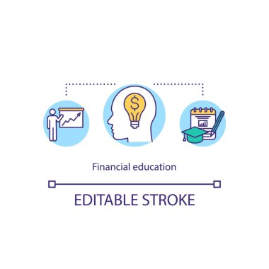 Finansal eğitim konsepti ikonu. Bankacılık analitik sistemi. Çevrimiçi kurslar ince çizgi çizimi fikri. Vektör izole edilmiş RGB renk çizimi. Düzenlenebilir vuruş