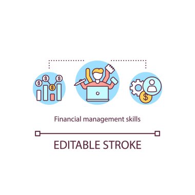Finansal yönetim konsepti ikonu. Çevrimiçi bütçe planlama dersleri. Çoklu bankacılık çalışanı fikri ince çizgi çizimi. Vektör izole edilmiş RGB renk çizimi. Düzenlenebilir vuruş
