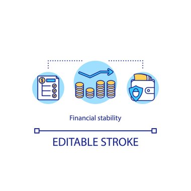 Mali istikrar kavramı ikonu. Tasarruf bütçesi fikri ince çizgi çizimi. Çanta ve bozukluklar. Vektör izole edilmiş RGB renk çizimi. Düzenlenebilir vuruş