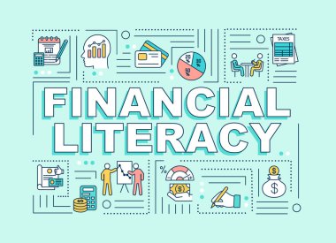 Financial literacy word concepts banner. Banking analytics. Infographics with linear icons on mint green background. Isolated typography. Vector outline RGB color illustratio clipart