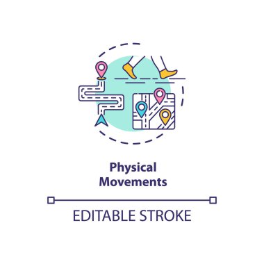 Fiziksel hareketler konsepti simgesi. Yürüyüş kalıpları. İnsanların davranış dijital tanıma sistemi fikri ince çizgi çizimi. Vektör izole edilmiş RGB renk çizimi. Düzenlenebilir vuruş