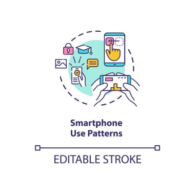 Akıllı telefon kullanım kalıpları konsepti simgesi. Kullanıcı kimliği. Telefon teknolojisiyle kimlik tespiti ince çizgi çizimi. Vektör izole edilmiş RGB renk çizimi. Düzenlenebilir vuruş