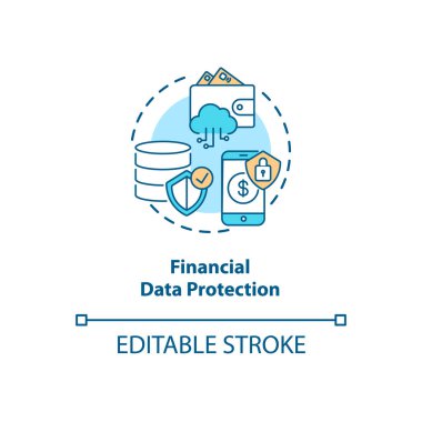 Finansal veri koruma kavramı simgesi. Bilgiyi korumanın yolları. Biyometri, alan fikirlerini ince çizgi çizimi olarak kullanır. Vektör izole edilmiş RGB renk çizimi. Düzenlenebilir vuruş