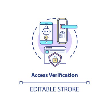 Erişim doğrulama konsepti simgesi. Bilgi uygunluğu kontrolü. Siber uzay mahremiyeti. Biyometrik fikirleri ince çizgi çiziminde kullanmanın yolu. Vektör izole edilmiş RGB renk çizimi. Düzenlenebilir vuruş
