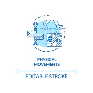 Fiziksel hareketler konsepti simgesi. İnsanların hareket şekli. Geleceksel bilgi güvenlik sistemi fikri ince çizgi çizimi. Vektör izole edilmiş RGB renk çizimi. Düzenlenebilir vuruş