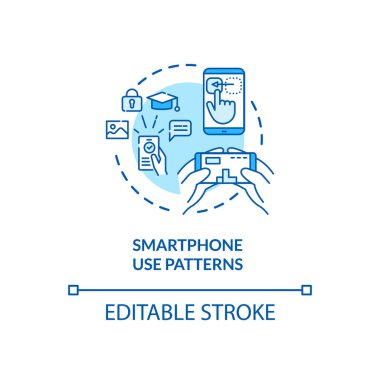Akıllı telefon kullanım kalıpları konsepti simgesi. Telefondan kendini tanıt. Veri fikrini ince çizgi illüstrasyonu için tanıma teknolojisi. Vektör izole edilmiş RGB renk çizimi. Düzenlenebilir vuruş