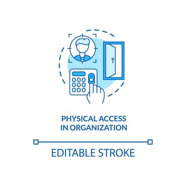 Organizasyon konsepti ikonuna fiziksel erişim. Güvenlik seviyelerinin bir çeşidi. Veri güvenliği fikirleri ince çizgi çizimi fikri. Vektör izole edilmiş RGB renk çizimi. Düzenlenebilir vuruş