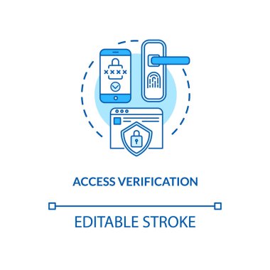 Erişim doğrulama konsepti simgesi. Bilgi girişi kontrolü. Siber veri gizliliği. Biyometrik fikirleri ince çizgi çiziminde kullanmanın yolu. Vektör izole edilmiş RGB renk çizimi. Düzenlenebilir vuruş